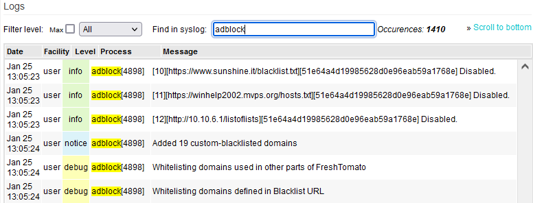 Viewing adblock log entries